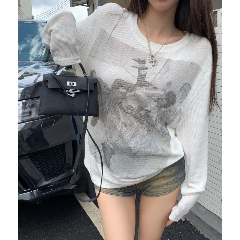 Áo Thun Dệt Kim Tay Dài Dáng Rộng In Họa Tiết Thời Trang Cho Nữ