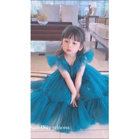 ✇♤Đầm công chúa bé gái,váy xanh tay cánh tiên,tặng kèm nơ cột tóc cùng màu váy
