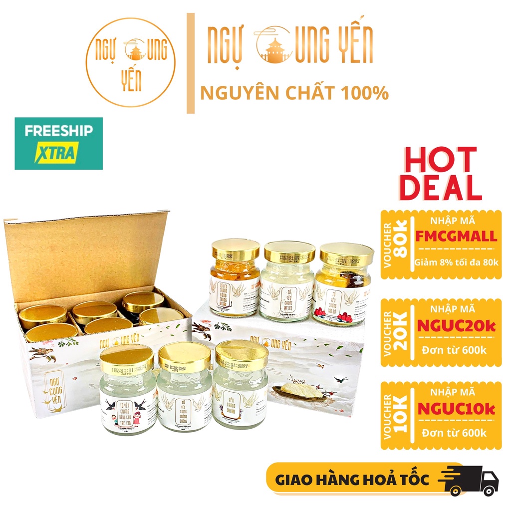 [Yến Sào Ngự Cung] Set 6 Hũ Quà Tặng Tổ Yến Chưng Sẵn Mix (saffron, táo đỏ, không đường,hạt sen,đông trùng,đường phèn))