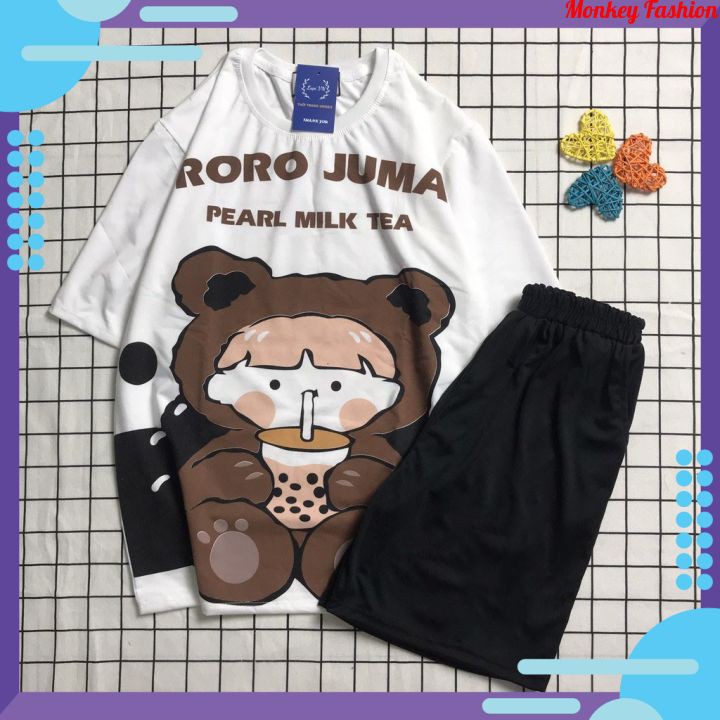 Sét Bộ Đồ Nữ Mặc Mùa Hè, Áo Thun Nữ In Gấu Nâu Milk Tea Mặc Ở Nhà Xinh Dễ Thương Mix Quần Short Nữ Kaki Phong Cách