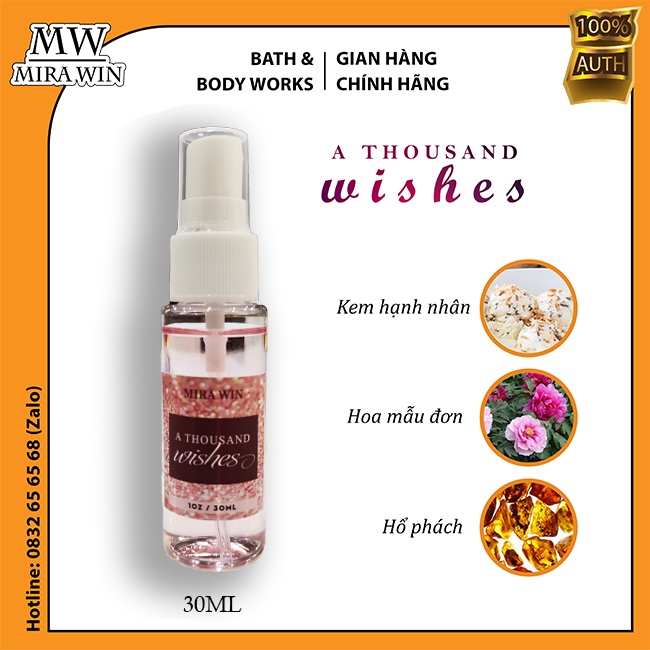 Xịt thơm dưỡng thể toàn thân A Thousand Wishes Bath and Body Works hương thơm ngọt ngào ấm áp của trái tim 10ml 30ml