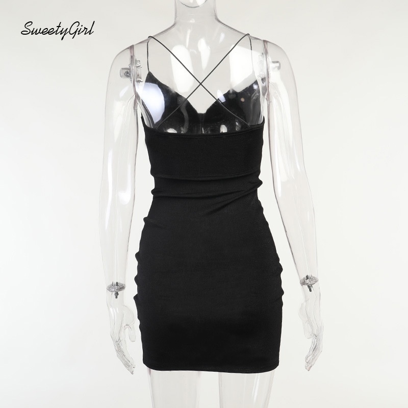 Đầm mini hai dây dáng ôm cổ chữ v hở lưng màu trơn thời trang dành cho nữ