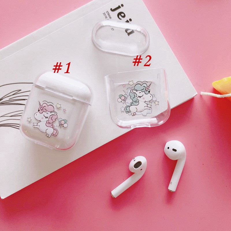 Vỏ bảo vệ hộp đựng tai nghe Bluetooth AirPods trong suốt in hình kỳ lân dễ thương