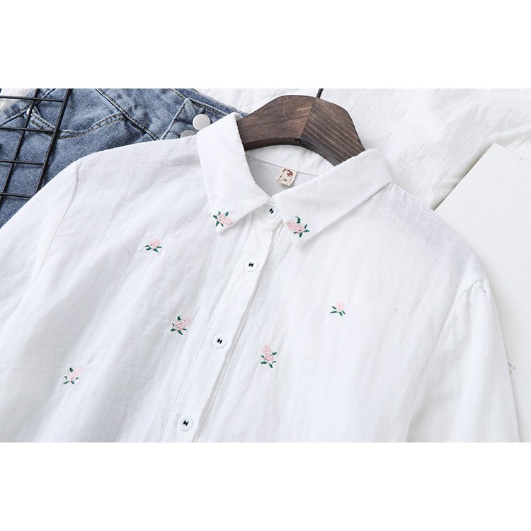 Áo SƠ MI TRẮNG  vải Xô thêu hoa nhí Nữ  maicuteshop