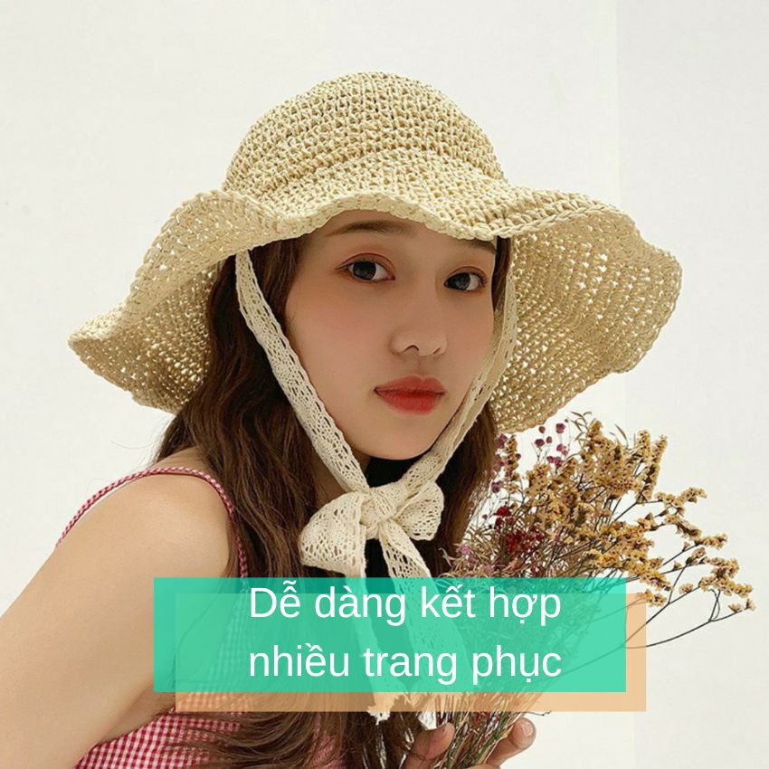 Mũ cói mềm dây ren buộc cổ phong cách tiểu thư