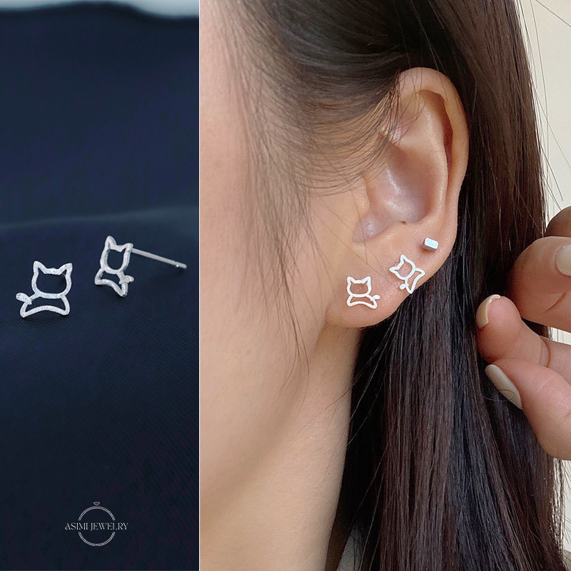 Đôi khuyên tai bạc nữ mèo con cute Asimi, bông tai bạc Ý S925 thú cưng đơn giản Little Cat KT24