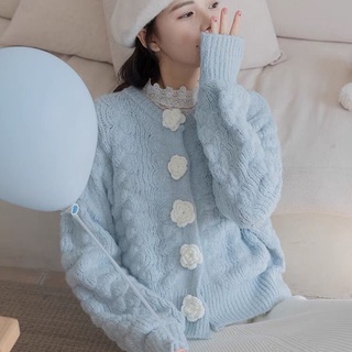 Áo cardigan len vặn thừng nổi khuy hoa hồng len độc đáo nữ tính