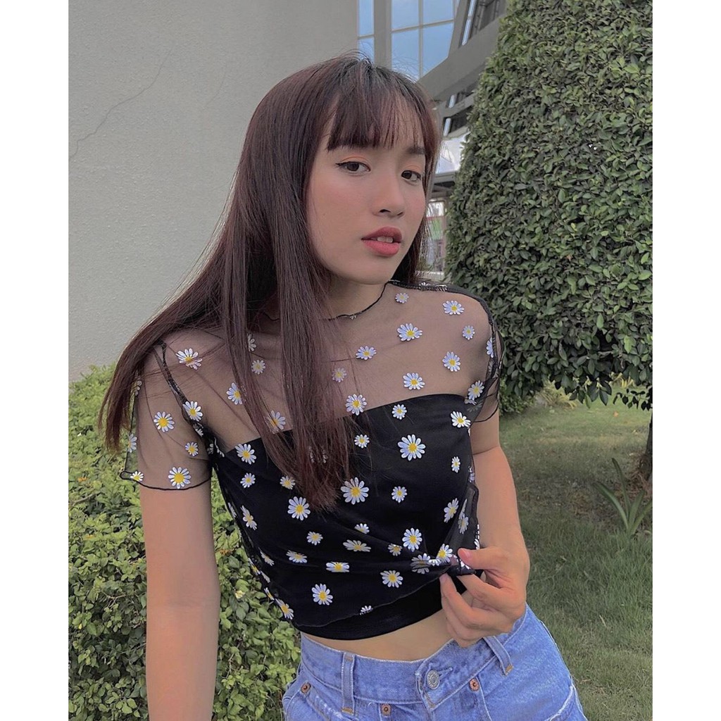 SET 2 MÓN CROPTOP HOA CÚC LƯỚI ❤️ SET ÁO TUBE QUÂY MIX ÁO REN LƯỚI CHIFON HOA CÚC ĐEN TRẮNG