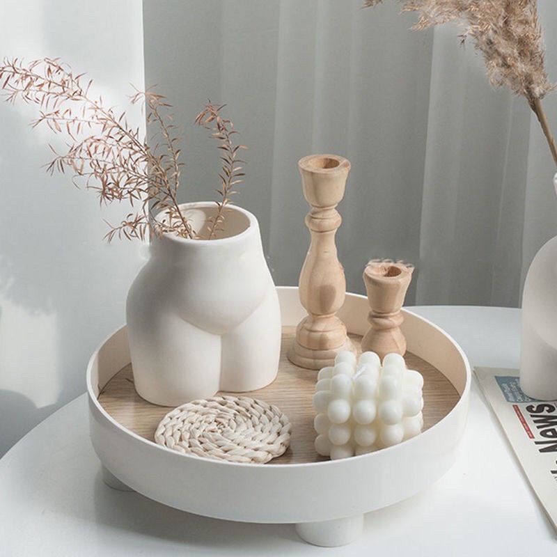Khay gỗ tròn trang trí đa năng Lynx home phong cách Bắc Âu sang trọng màu trắng