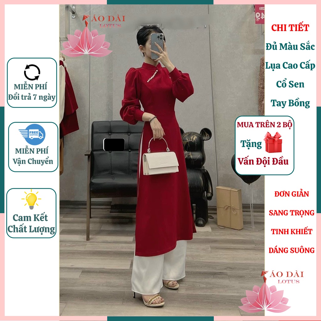 Áo Dài Cách Tân Lụa Cao Cấp Tay Bồng Sang Trọng Lửng Tà Cổ Sen Đính Ngọc Trai Tôn Dáng Phù Hợp Đi Chơi, Đi Dạ Tiệc