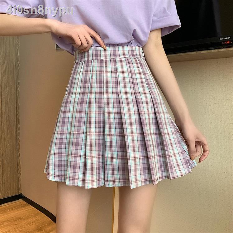 chân váy dàiváy tennis♤✾◕Váy kẻ sọc jk Nhật Bản nữ mùa hè 2021 xếp ly mới bm túi hông cao eo ngắn một đường mỏng
