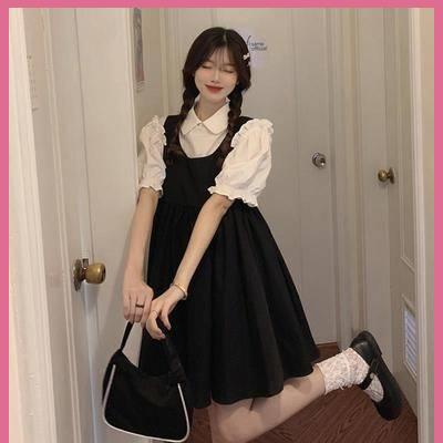 Váy babydoll Set Áo Tay Phồng Ngắn + Chân Váy Chữ A Phong Cách Hàn Quốc Thời Trang Mùa Hè 2022 Mới Cho Nữ