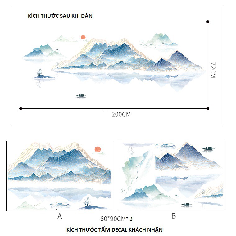 [SIZE LỚN] Decal dán tường Tranh thủy mặc Sông núi bao la trang trí phòng khách siêu đẹp