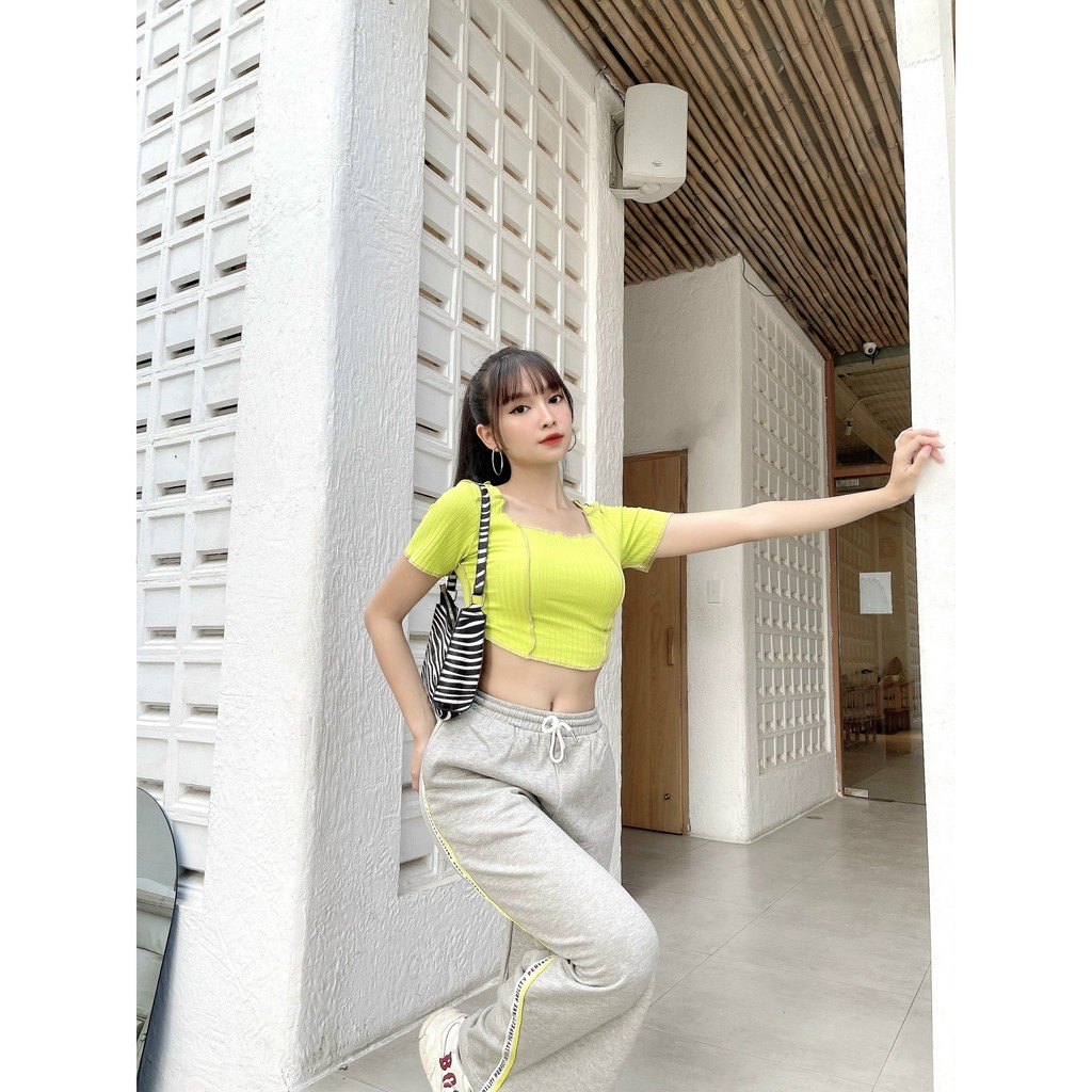 Áo croptop ôm lai bầu, áo croptop kiểu vắt sổ ngược vải thun bo gân dày dặn A175