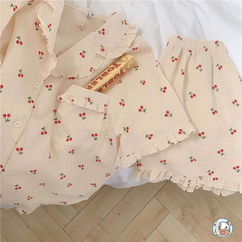 Bộ Đồ Ngủ Ngắn Tay Viền Bèo In Họa Tiết Quả cherry Kiểu Nhật Bản Thời Trang Mùa Hè Cho Nữ