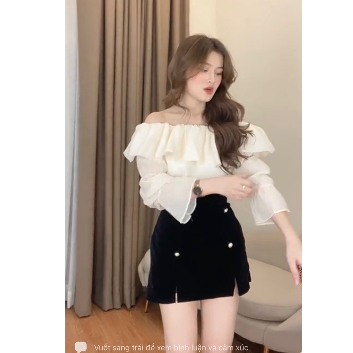 Áo sơ mi mi tơ bẹt vai siêu xinh 2 màu trắng be