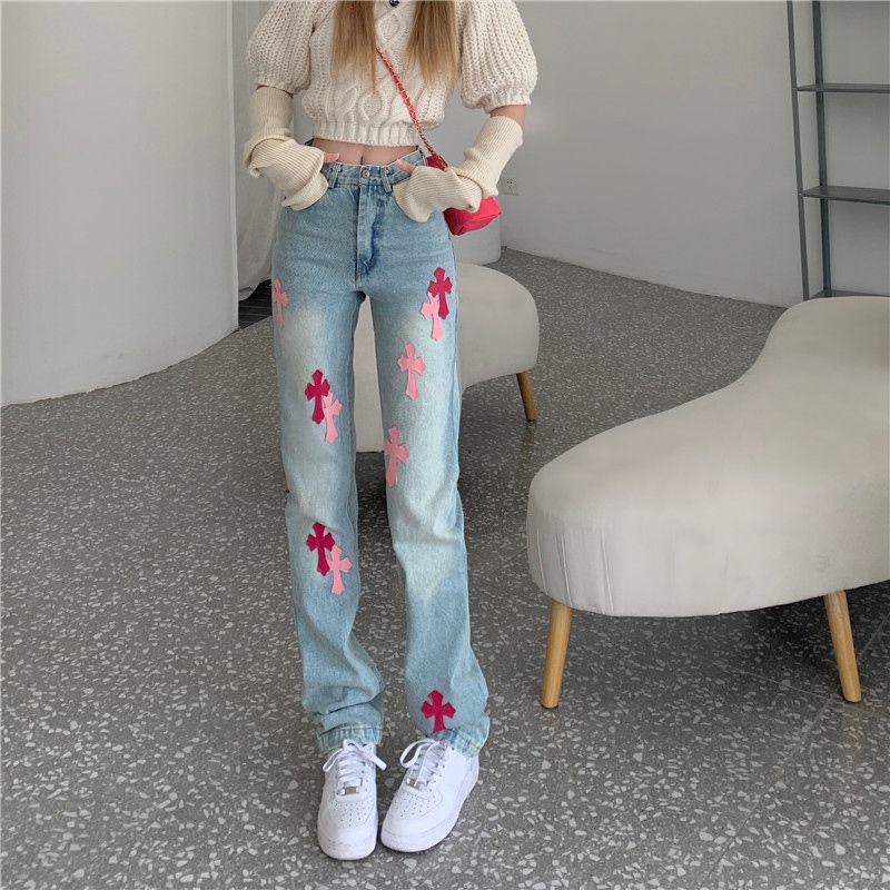 Quần jean dài ống rộng suông lưng cao phong cách xuân hè thời trang cho nữ