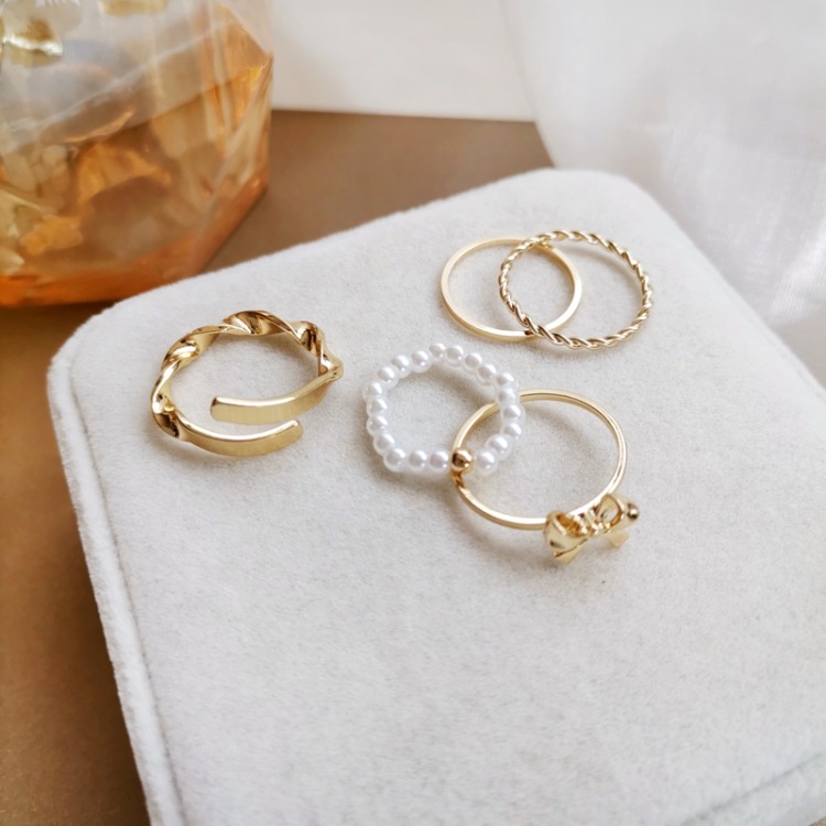 Bộ Bốn Nhẫn Đeo Ngón Tay Đính Ngọc Trai Và Nơ Thời Trang Xuân Hè Cho Nữ