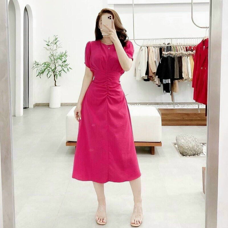 Đầm tiểu thư vintage, đầm cổ tròn tay búp nhún ôm eo dáng dài, đầm đi tiệc đơn giản sang trọng