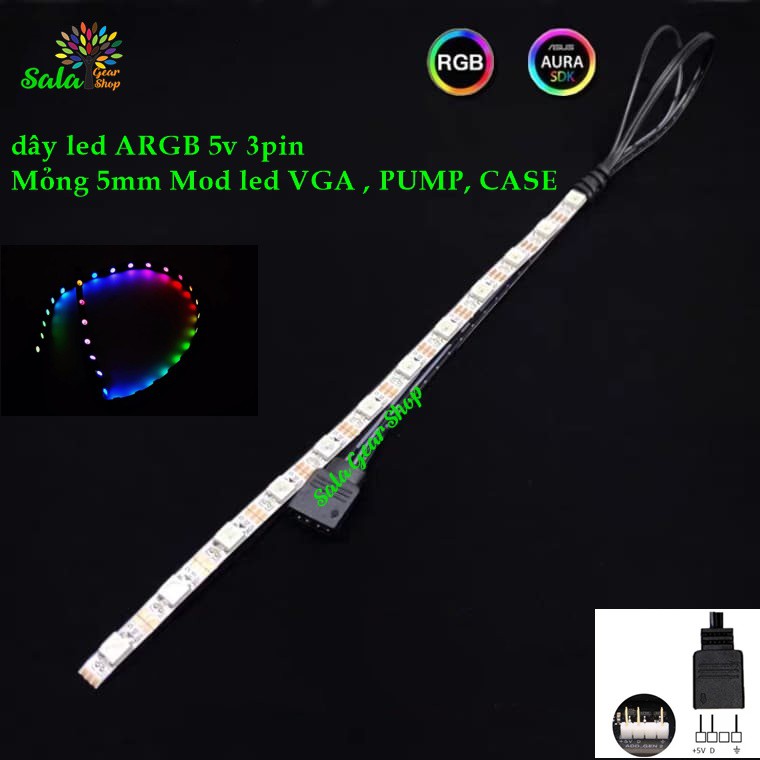 Dây led RGB Mỏng 5mm dài 20cm 5v 3Pin