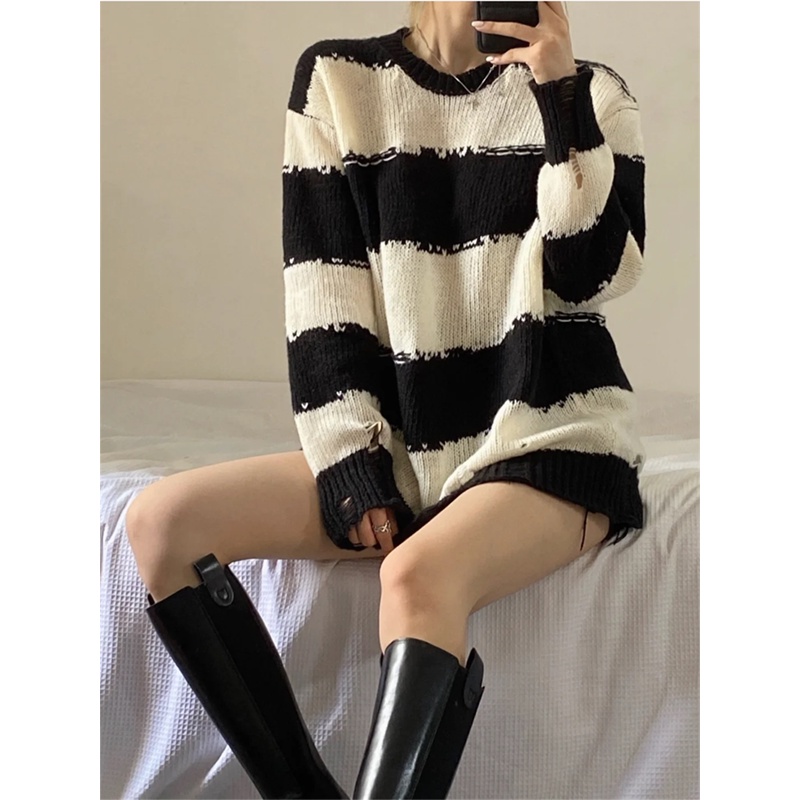 Áo len nữ form rộng hàn quốc 2021, áo len rách tua rua tay dài thời trang unisex