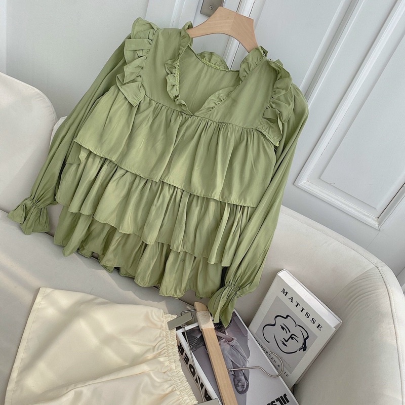 SET ÁO XANH BÈO TAY PHỒNG XẾP LY  + SHORT LƯNG THUN | BigBuy360 - bigbuy360.vn