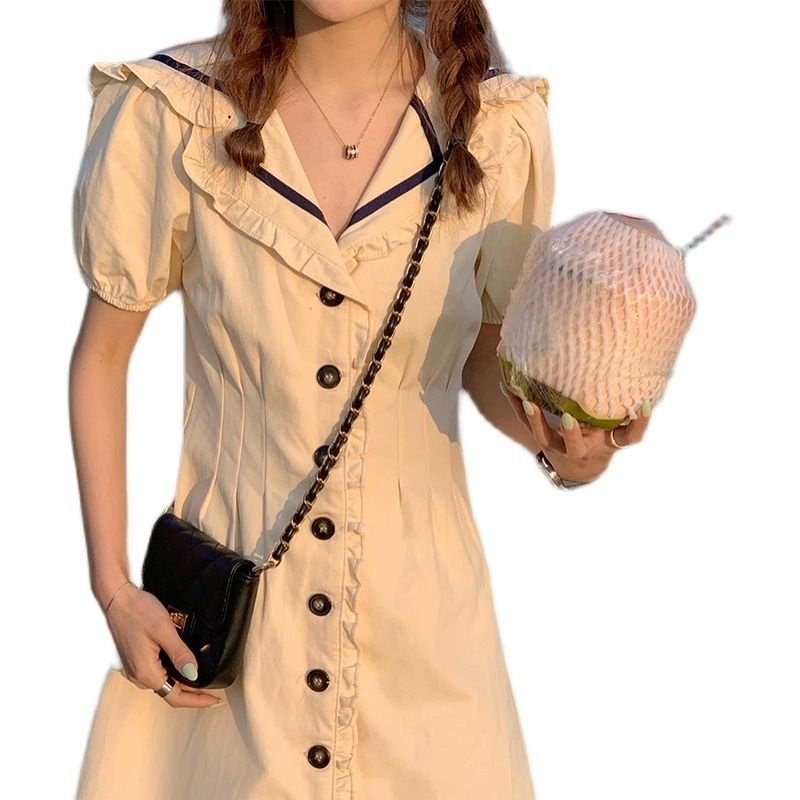 Đầm cổ thủy thủ tay phồng ôm eo phong cách Retro Hàn Quốc mới