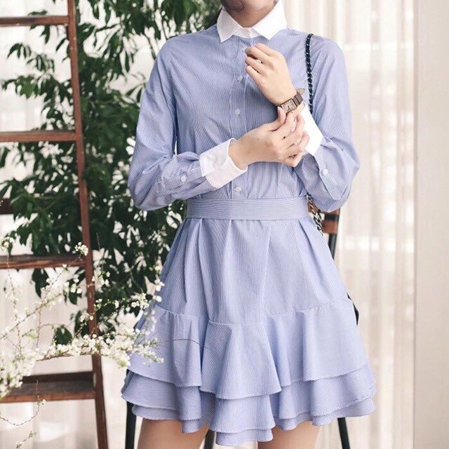 Đầm Sọc Tầng Phối Tay Trắng