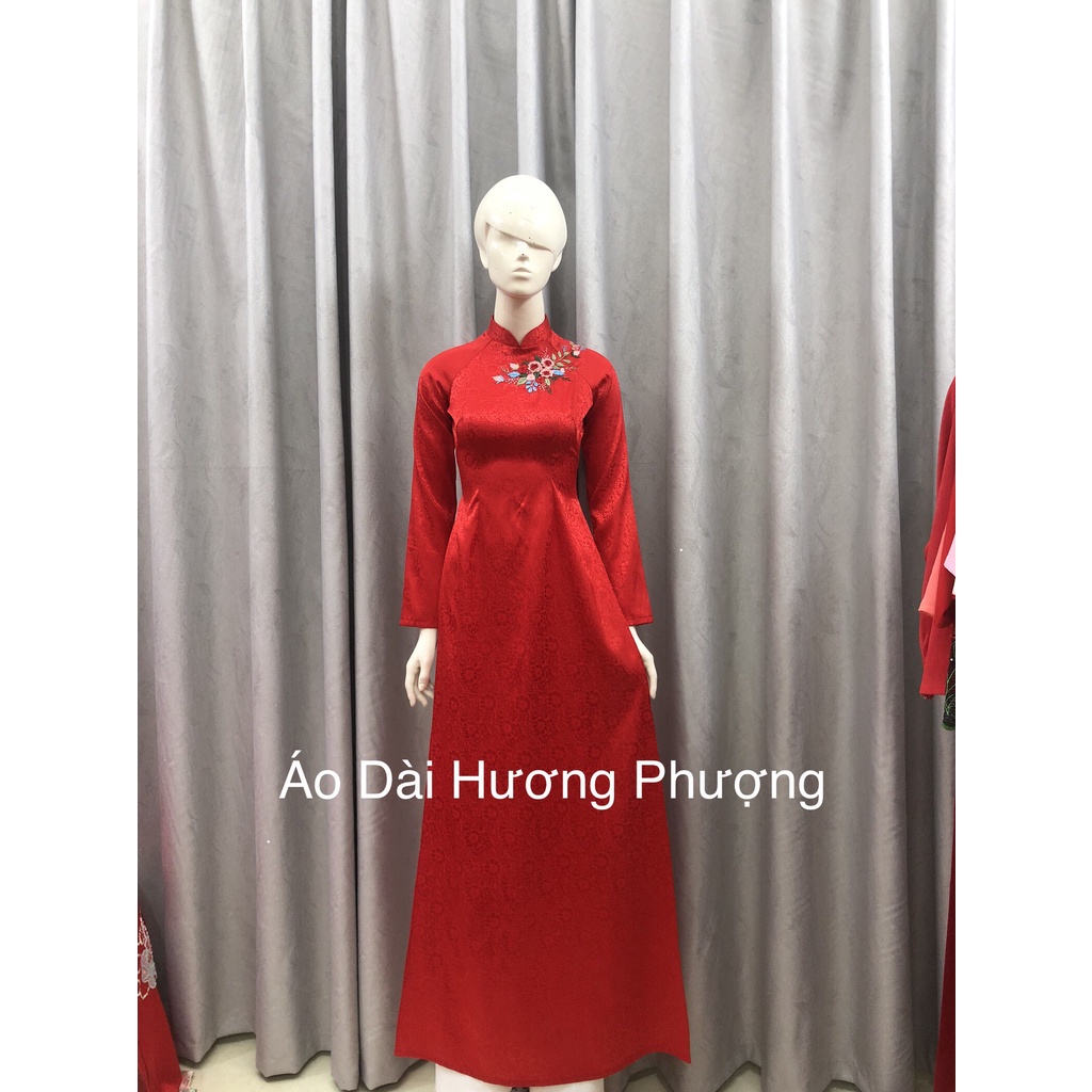 ÁO DÀI GẤM TƠ ĐỎ THÊU HOA