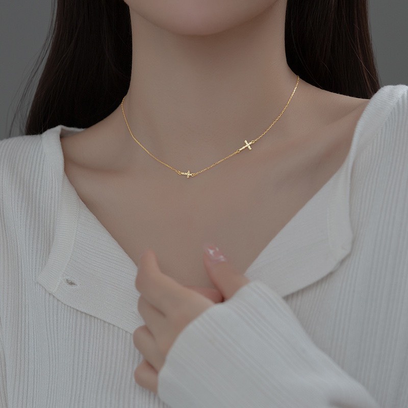 Dây chuyền bạc nữ hình thánh giá mạ vàng 14k, vòng cổ nữ bạc 925 hình chữ thấp đơn giản cá tính DUYSON SILVER [DCKX31]
