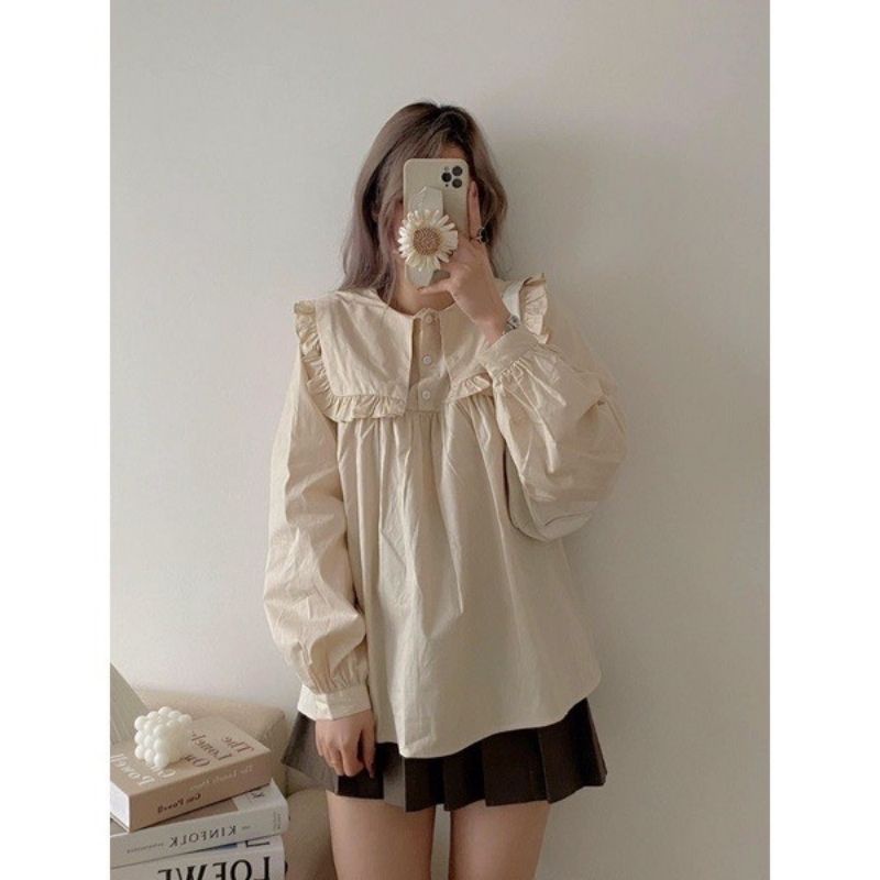 [XẢ KHO] Áo sơ mi nữ form rộng phối cổ bèo trẻ trung chất đũi mát mùa hè - PANOSI - Mã A259