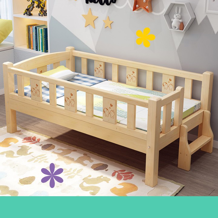 Giường gỗ thông cho em bé, có quây 3 mặt- quây 4 mặt an toàn, cầu thang đi xuống chắc chắn-My.Baby Offcial