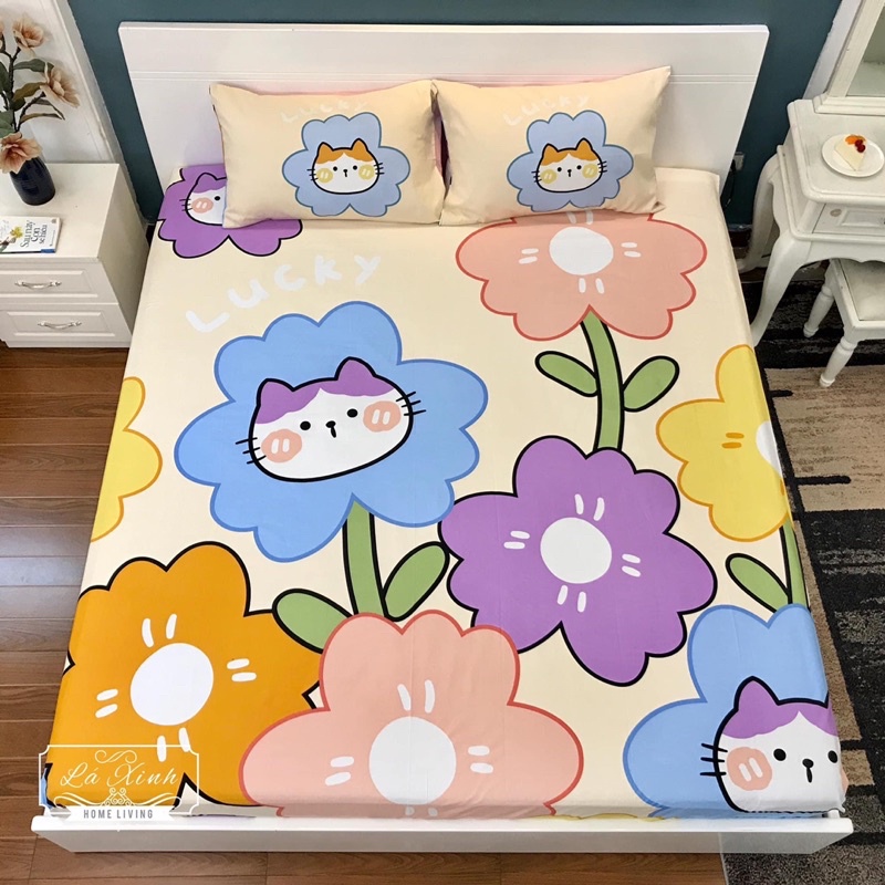 Bộ Ga Gối COTTON mẫu 3D Hoạt Hình (1 ga chun/Phủ Kèm 2 Vỏ gối nằm Cotton 100% -> được chọn mẫu /Size theo y/c
