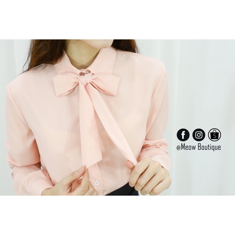 Sơ mi trơn tay dài thắt nơ 3 màu trending, chất Lụa mềm rũ mát, dây nơ có thể tháo rời mặc được nhiều kiểu Meow Boutique