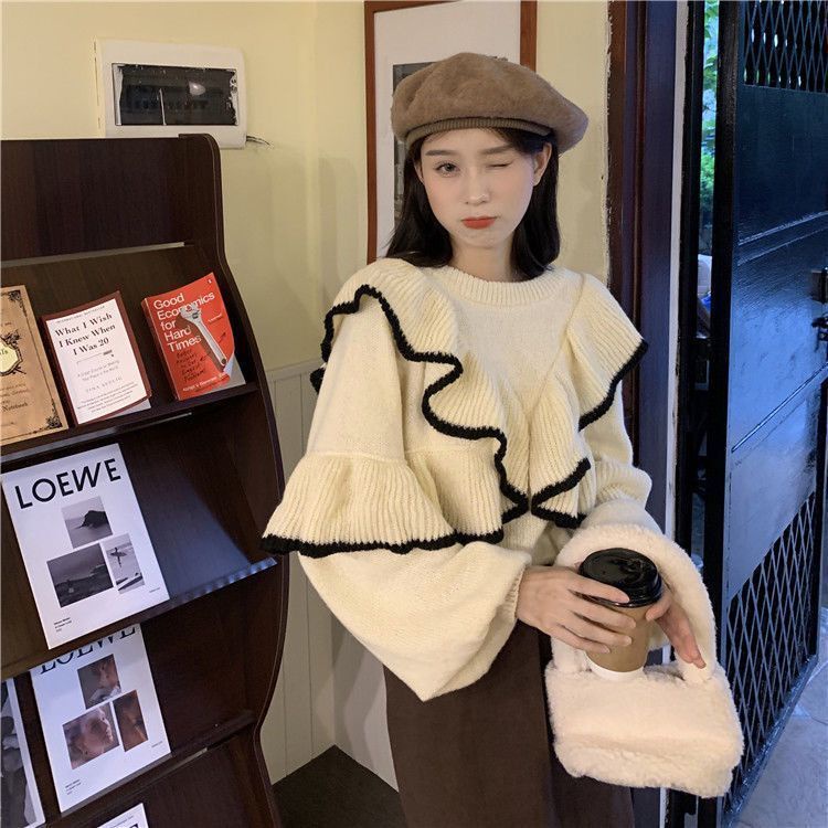 Áo Sweater Dệt Kim Dáng Rộng Phối Bèo Kiểu Nhật Hàn Dễ Thương Cho Nữ