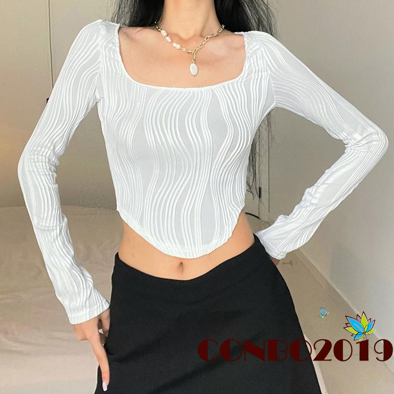 Áo Thun Tay Dài Cổ Chữ U Màu Trơn Họa Tiết 3D Thời Trang Cho Nữ