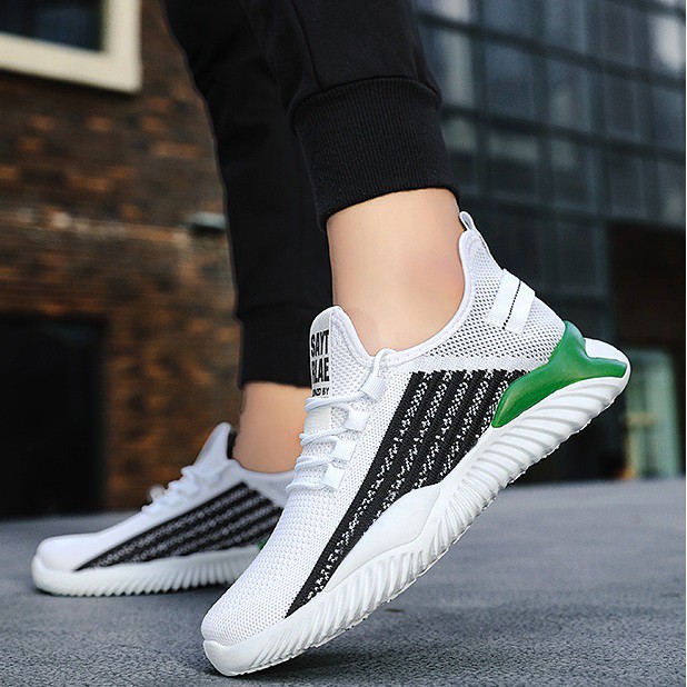 Giày thể thao nam giày sneaker nam W61 dệt sợi cao cấp êm chân thoáng khí phối màu đen trắng nổi bật