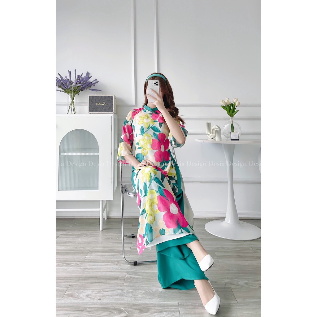 Áo dài hoạ tiết thiên hy+ tặng kèm quần nhà DESIA | BigBuy360 - bigbuy360.vn