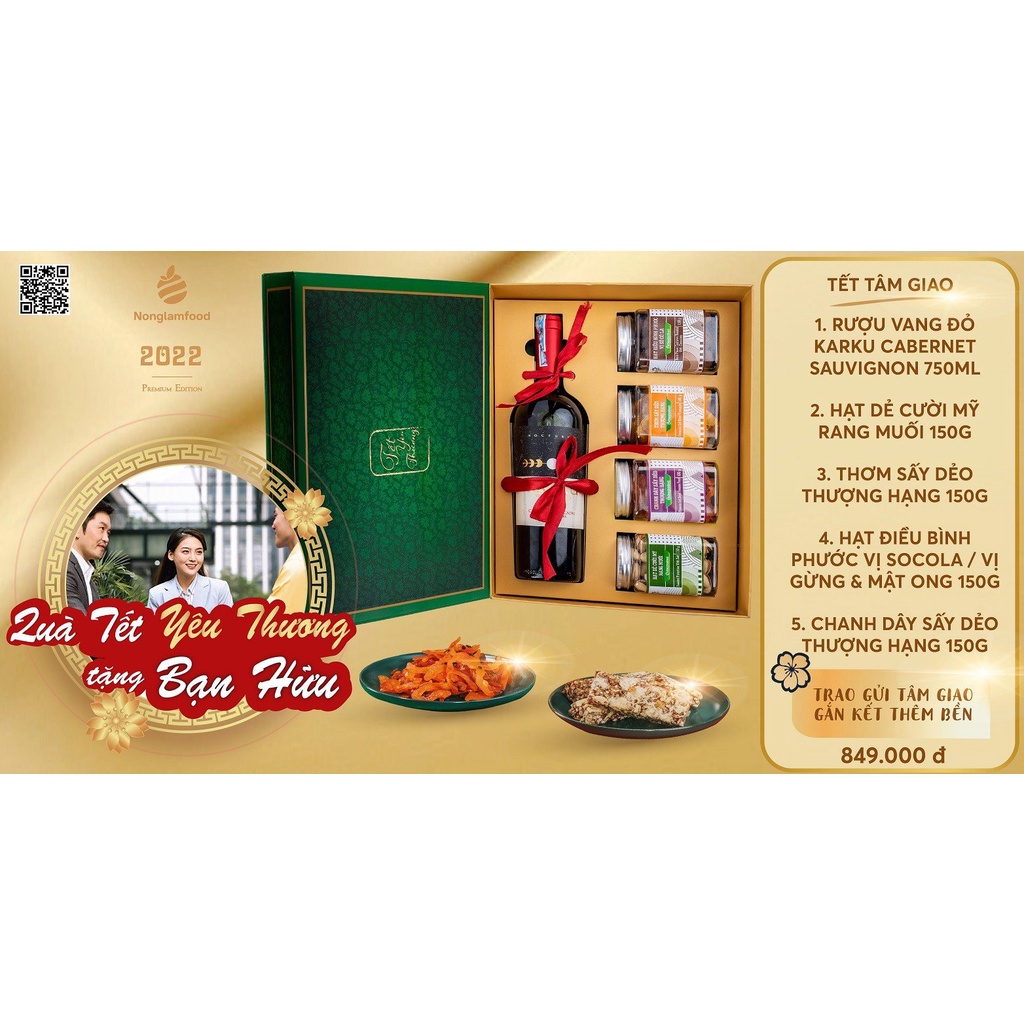 Hộp quà Tết Tâm Giao Nonglamfood cao cấp gồm rượt vang, hoa quả sấy, hạt dinh dưỡng tặng gia đình, cơ quan | BigBuy360 - bigbuy360.vn