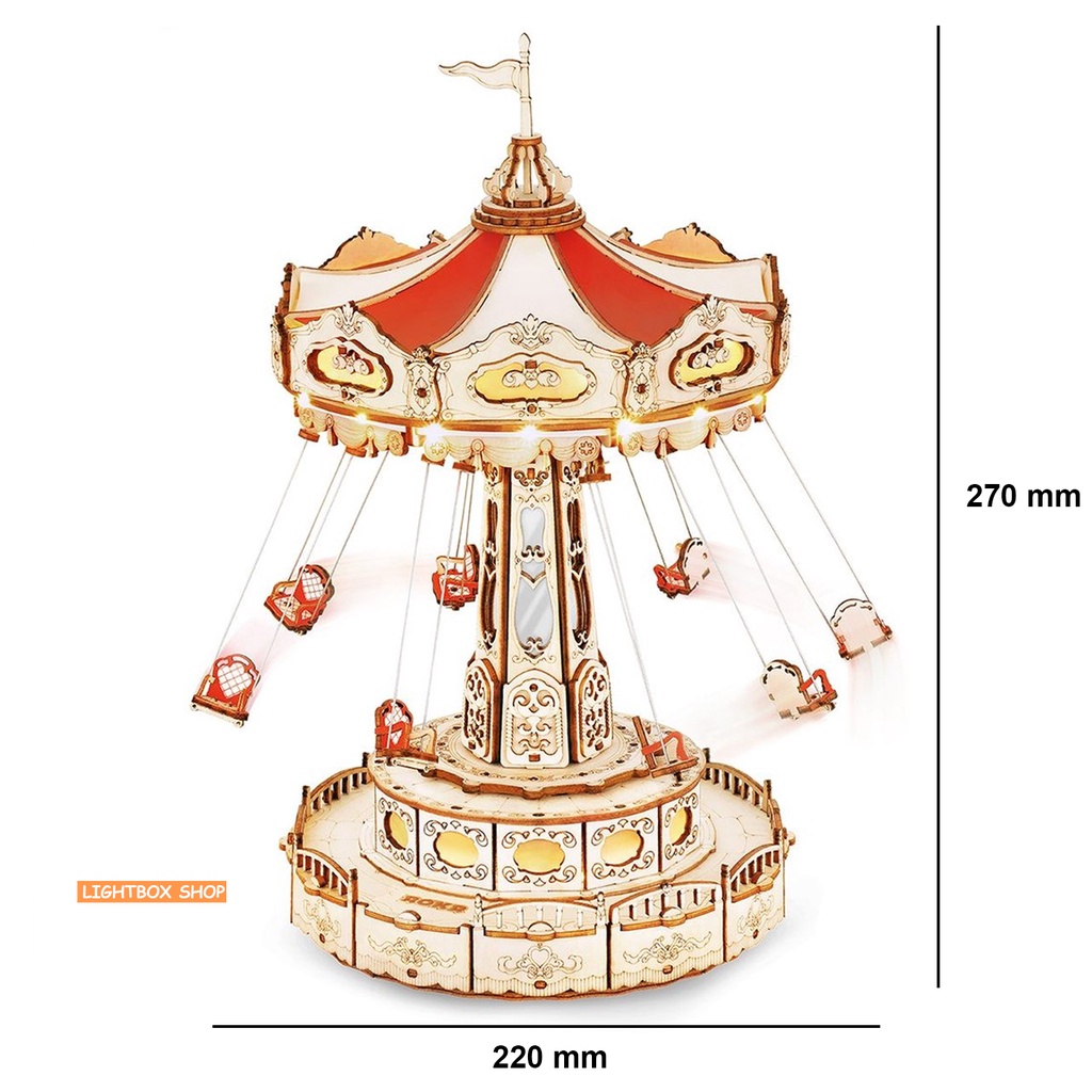 Đồ chơi lắp ráp ROKR Bằng gỗ 3D Swing Ride DIY Music Box. Hộp nhạc Robotime có Đèn và vòng quay tự động. EA02
