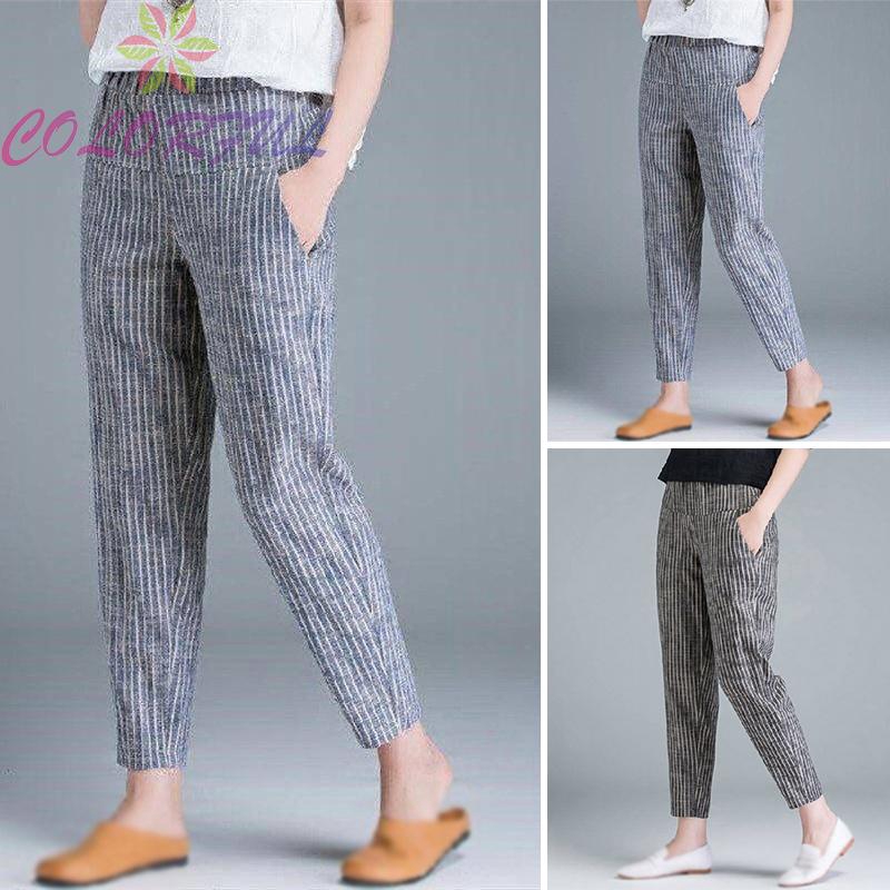 Quần dài lưng cao ống rộng họa tiết sọc thời trang cho nữ | BigBuy360 - bigbuy360.vn