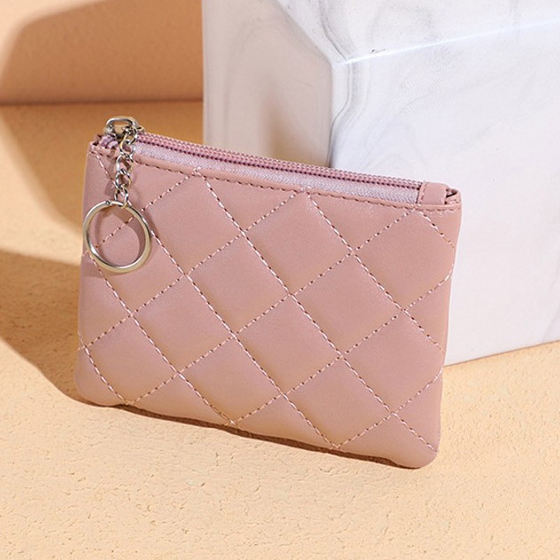 Ví Tiền Xu / Da PU Màu Trơn Có Khóa Kéo Họa Tiết Kim Cương Cho Nữ