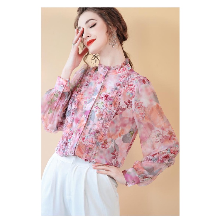 Áo Sơ Mi Tay Dài Họa Tiết Hoa Phong Cách Retro Pháp Sang Trọng