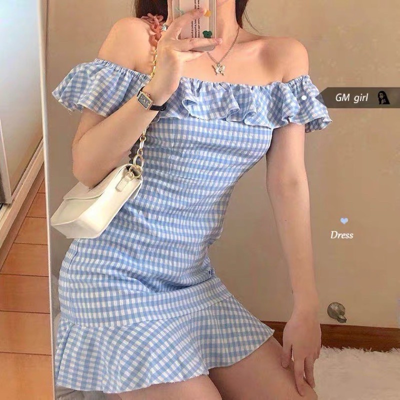 Váy Trễ Vai Kẻ Caro Màu Xanh Blue
