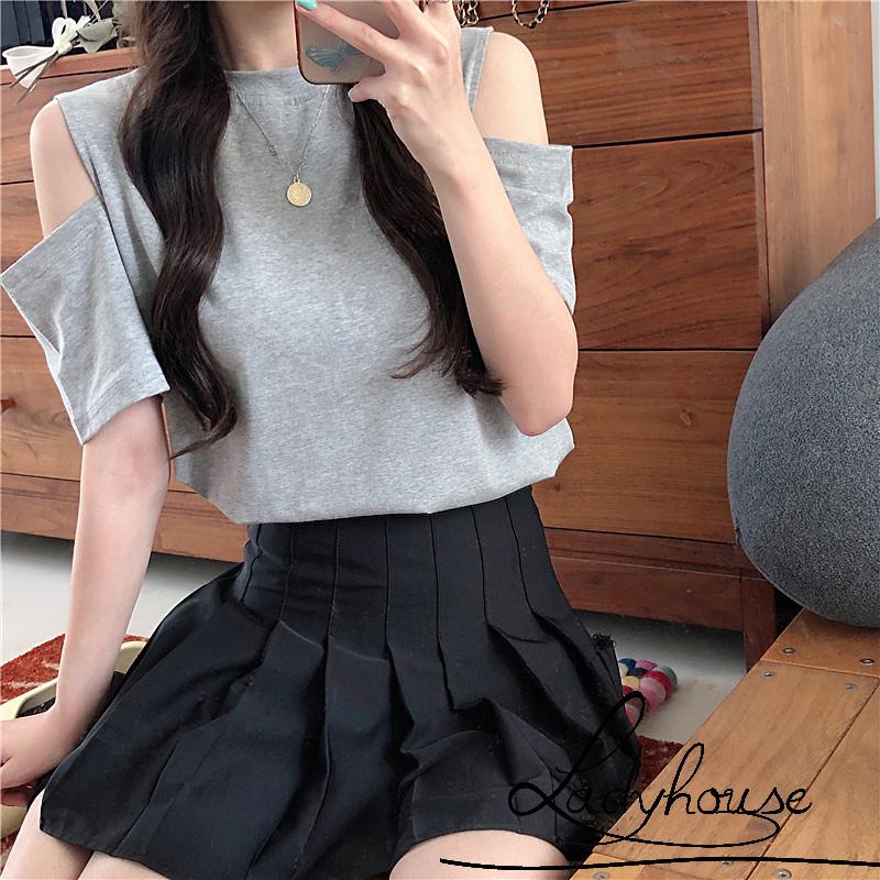 Áo Thun Tay Ngắn Cổ Tròn Hở Vai Màu Trơn Thời Trang Mùa Hè Dành Cho Nữ