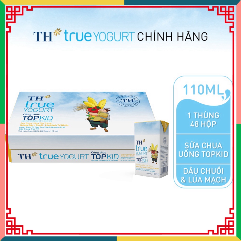 Thùng 48 hộp hộp sữa chua uống khử trùng TOPKID hương dâu-chuối-lúa mạch đương nhiên TH True Yogurt 110ml (110ml x 48) (