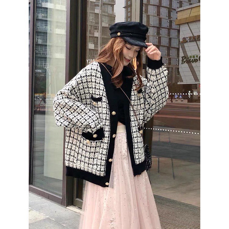 Áo cardigan ziczac gạo viền đen trắng Lucy Outfit thiết kế Áo len nhũ kẻ ô dáng rộng họa tiết Hàn Quốc | BigBuy360 - bigbuy360.vn