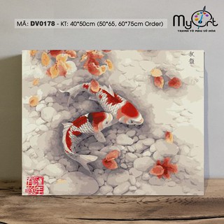 Tranh sơn dầu số hóa tranh tô màu - MS DV0178 Tranh động vật đôi cá koi Niên niên hữu dư tài lộc