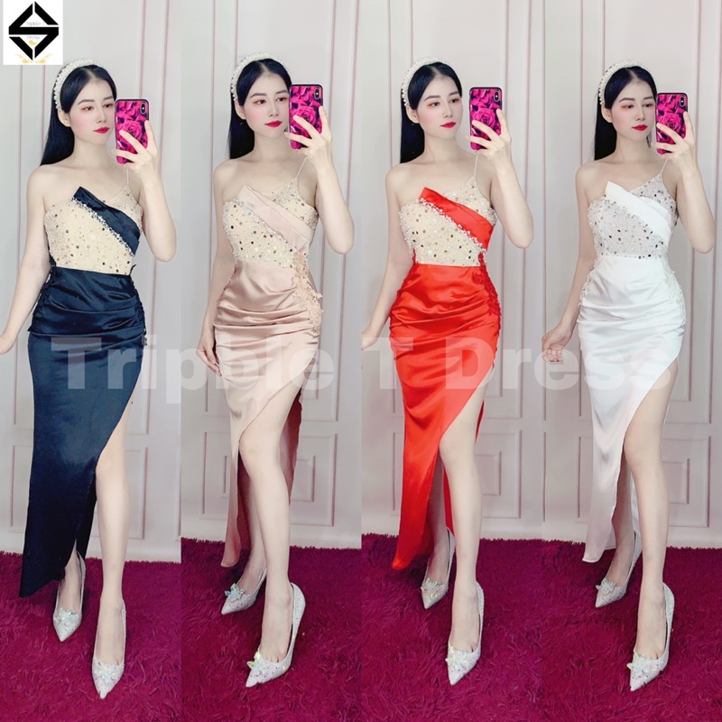 Đầm body 2 dây dự tiệc kết kim sa phối hoa ren nổi chất phi thun lụa TRIPBLE T DRESS - size M/L - MS359V