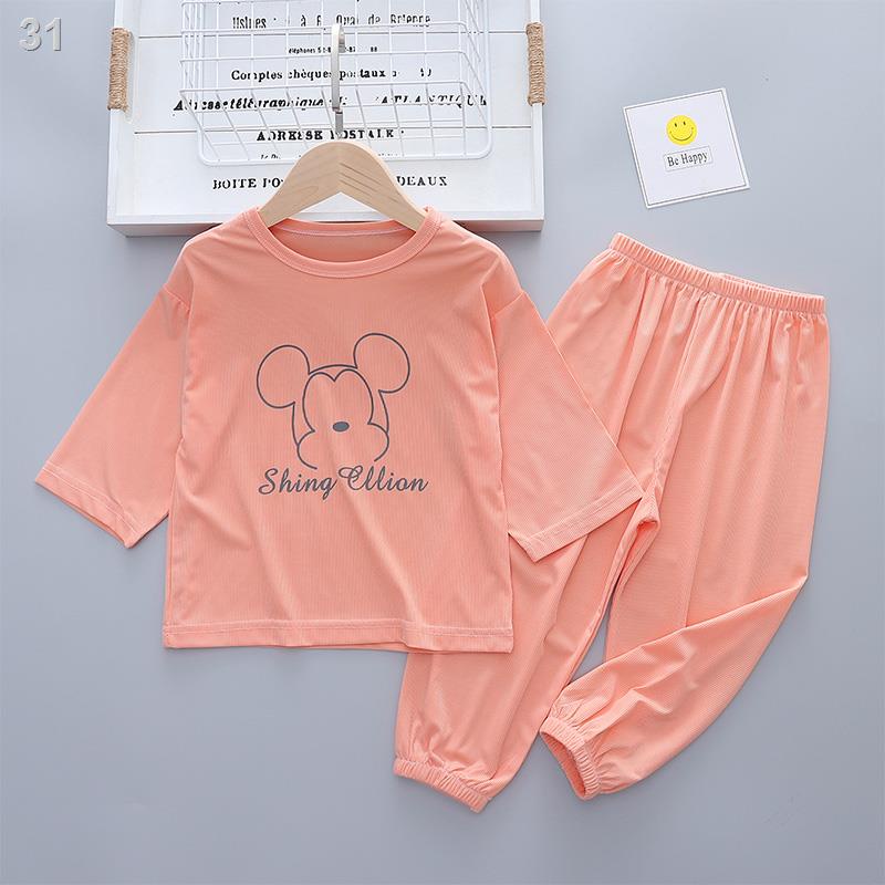 ❁◎Bộ đồ ngủ trẻ em mùa xuân và hè băng lụa chín điểm tay áo quần dài nhẹ phù hợp với bé trai gái mỏng máy lạnh phục vụ t